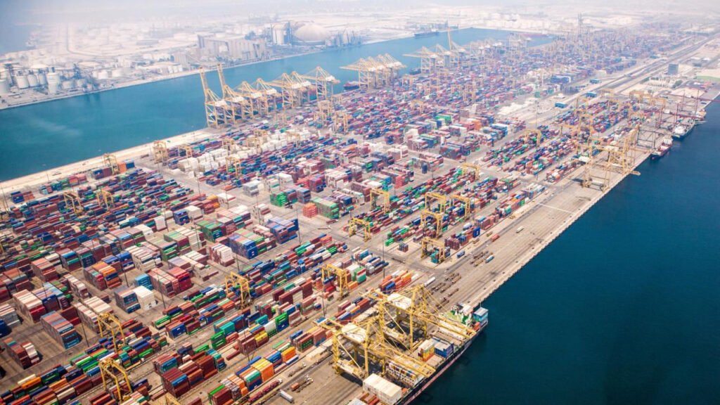 Container shipping and export logistics operations at Jebel Ali Port in the UAE